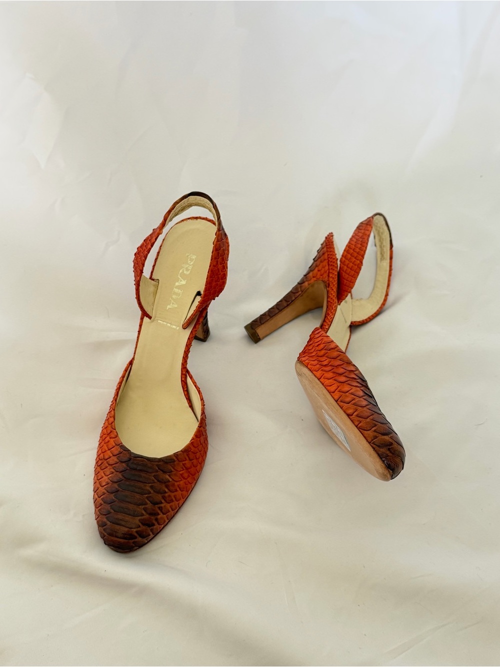 PRADA ORANGE BROWN CROC LEATHER SLING BACK HEELS